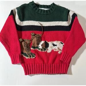 Kitestrings Vintage Kids Knit Sweater Boots Dog Red Green Black Stripes Size 4